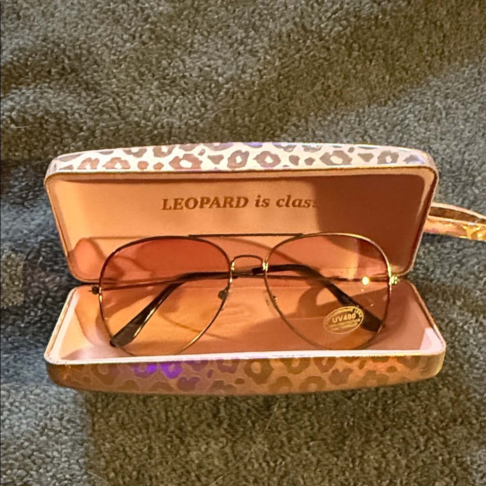 Leopard Print Sunglasses Case with Pink-Tinted Aviator Sunglasses